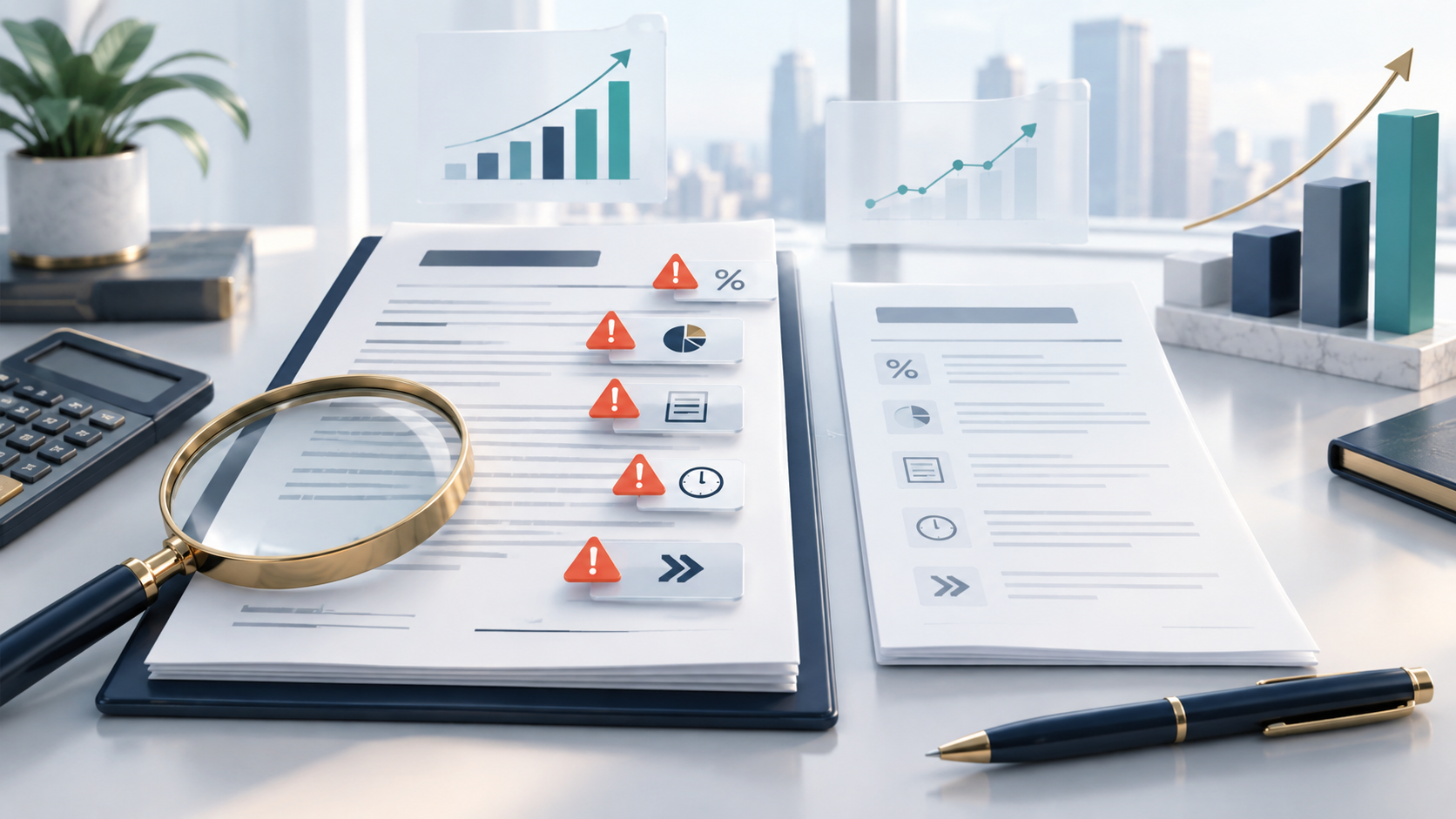 Venture debt negotiation documents with warning icons, financial charts, and a magnifying glass highlighting common financing mistakes founders should review.