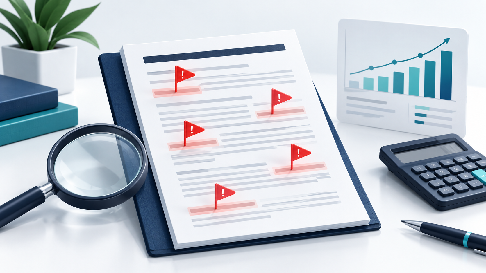 Revenue-based financing contract under review with red warning flags, a magnifying glass, calculator, and growth chart highlighting risky financing terms.