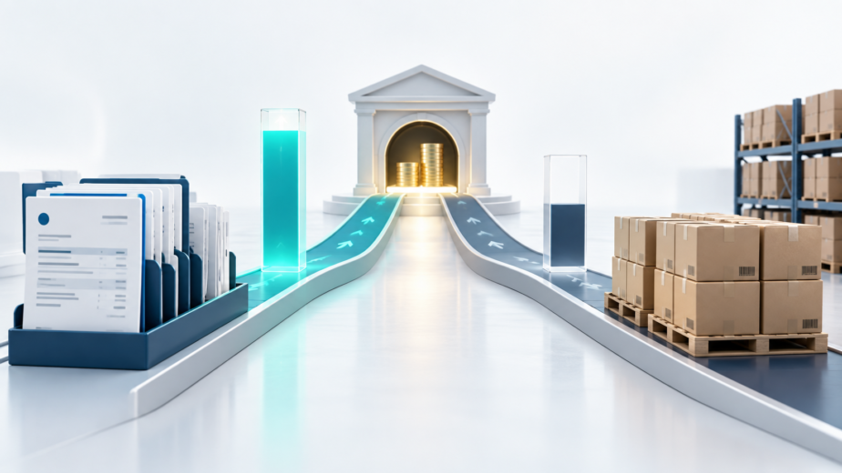 Accounts receivable and inventory financing comparison illustrated with invoices, warehouse inventory, and two funding paths leading toward capital access.