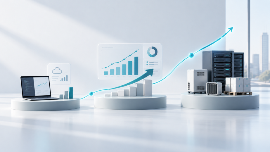 Technology company growth stages illustrated with a laptop, financial charts, servers, and an upward growth curve representing business funding for technology companies.
