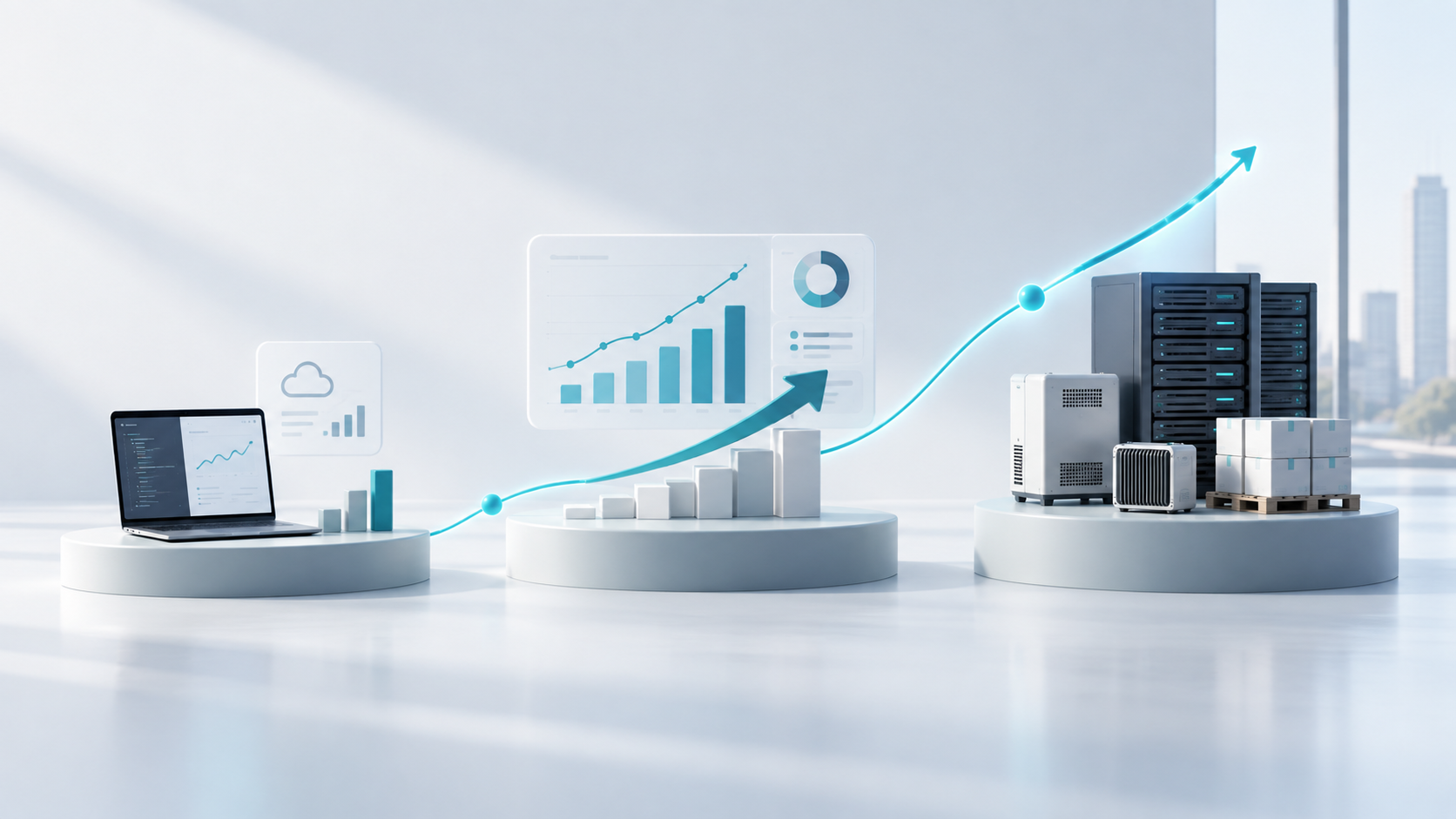Technology company growth stages illustrated with a laptop, financial charts, servers, and an upward growth curve representing business funding for technology companies.