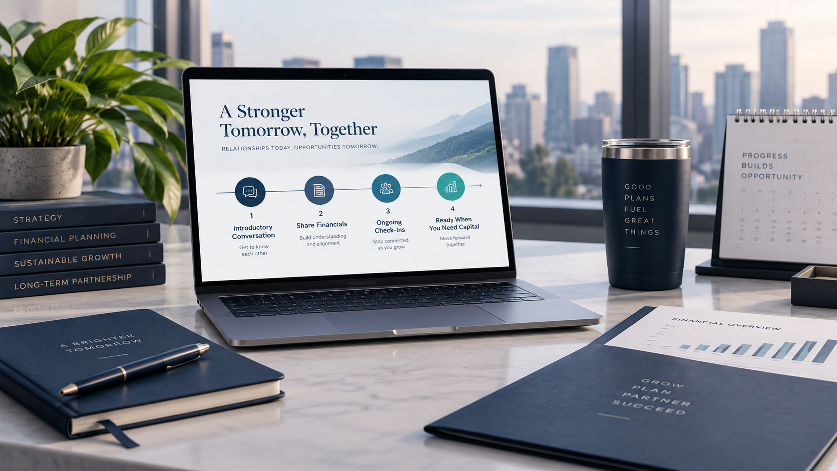 Long-term funding partnership strategy illustrated with financial planning, shared business metrics, proactive conversations, and sustainable growth preparation.