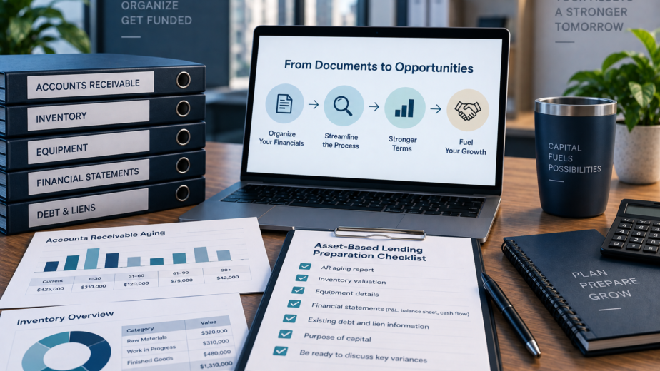 Asset-based lending preparation workspace with accounts receivable, inventory, equipment, financial statements, debt records, and a lender readiness checklist.