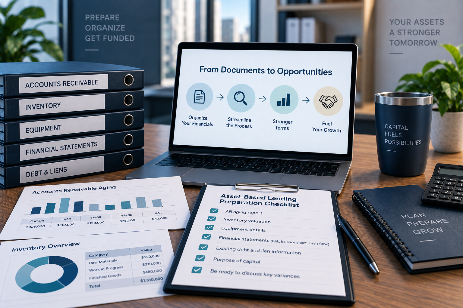 Asset-based lending preparation workspace with accounts receivable, inventory, equipment, financial statements, debt records, and a lender readiness checklist.