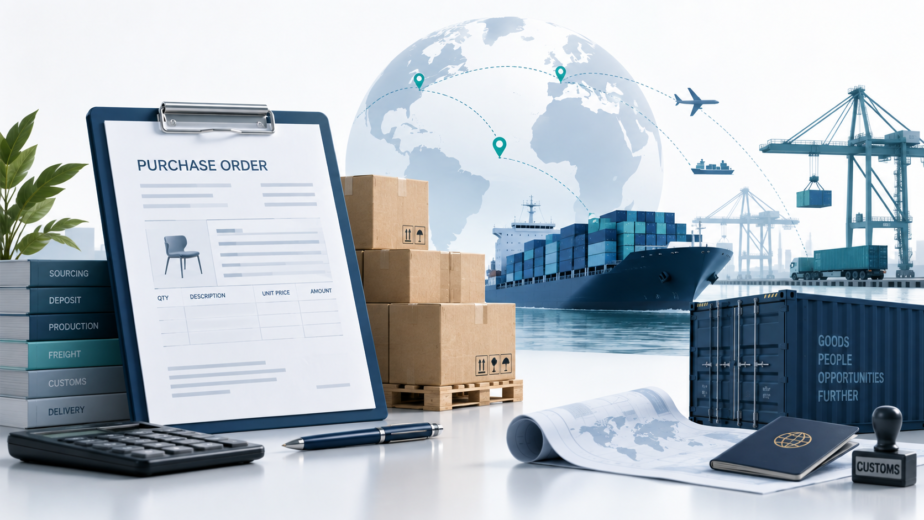 Purchase order financing for first-time importers illustrated with a purchase order, cargo ship, shipping containers, boxes, customs documents, and global trade routes.