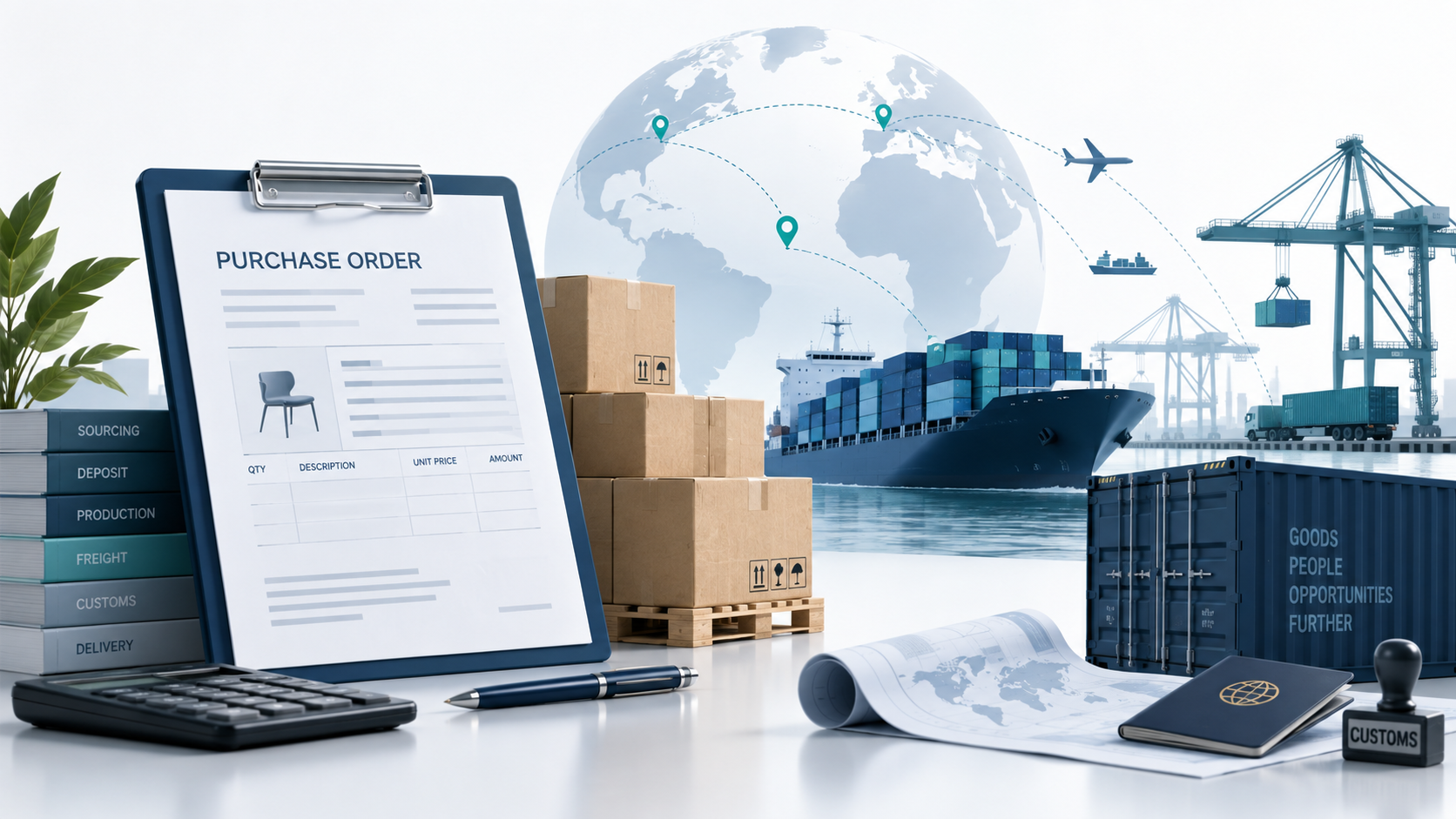 Purchase order financing for first-time importers illustrated with a purchase order, cargo ship, shipping containers, boxes, customs documents, and global trade routes.