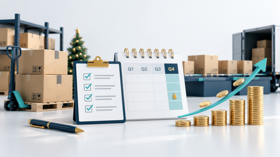 Q4 cash flow planning for retailers and distributors illustrated with inventory boxes, a seasonal calendar, checklist, and rising cash flow growth.