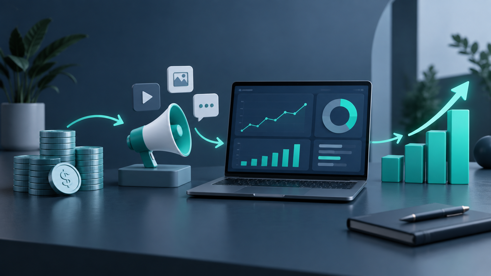 Revenue-based financing for marketing spend illustrated with investment capital, a megaphone, digital campaign metrics, and rising revenue growth charts.