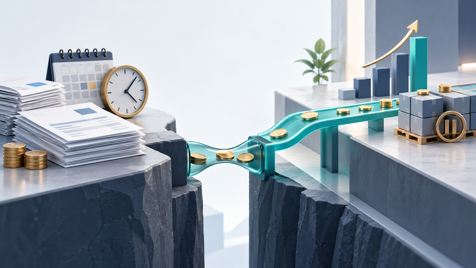 Slow-paying customers creating a cash flow gap, illustrated with delayed invoices, a clock, and a bridge leading toward business growth and stronger finances.