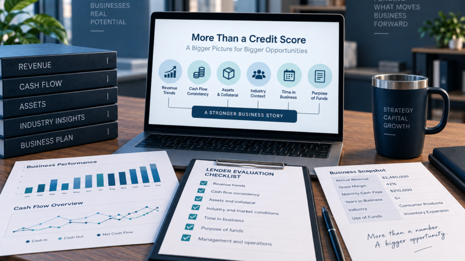 Business lending evaluation showing revenue trends, cash flow consistency, assets, industry context, time in business, and purpose of funds beyond credit score.
