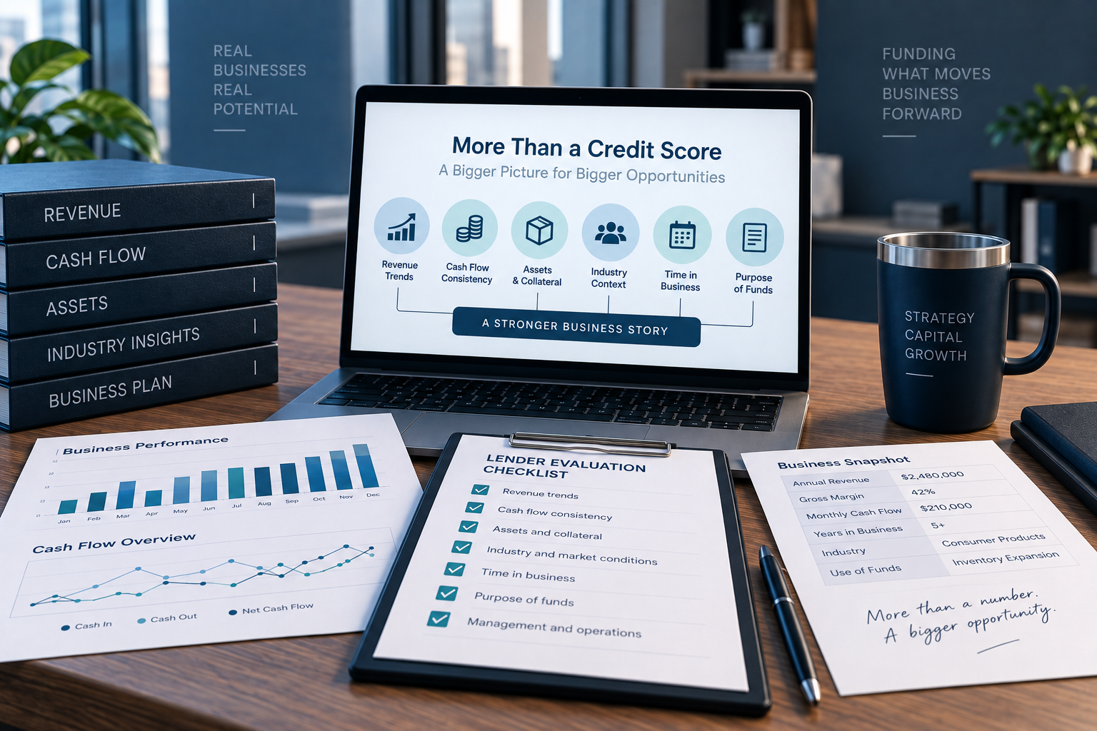 Business lending evaluation showing revenue trends, cash flow consistency, assets, industry context, time in business, and purpose of funds beyond credit score.