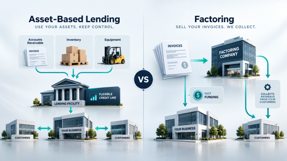 Asset-based lending versus factoring comparison showing receivables, inventory, equipment, a lending facility, invoice sales, and customer collections.