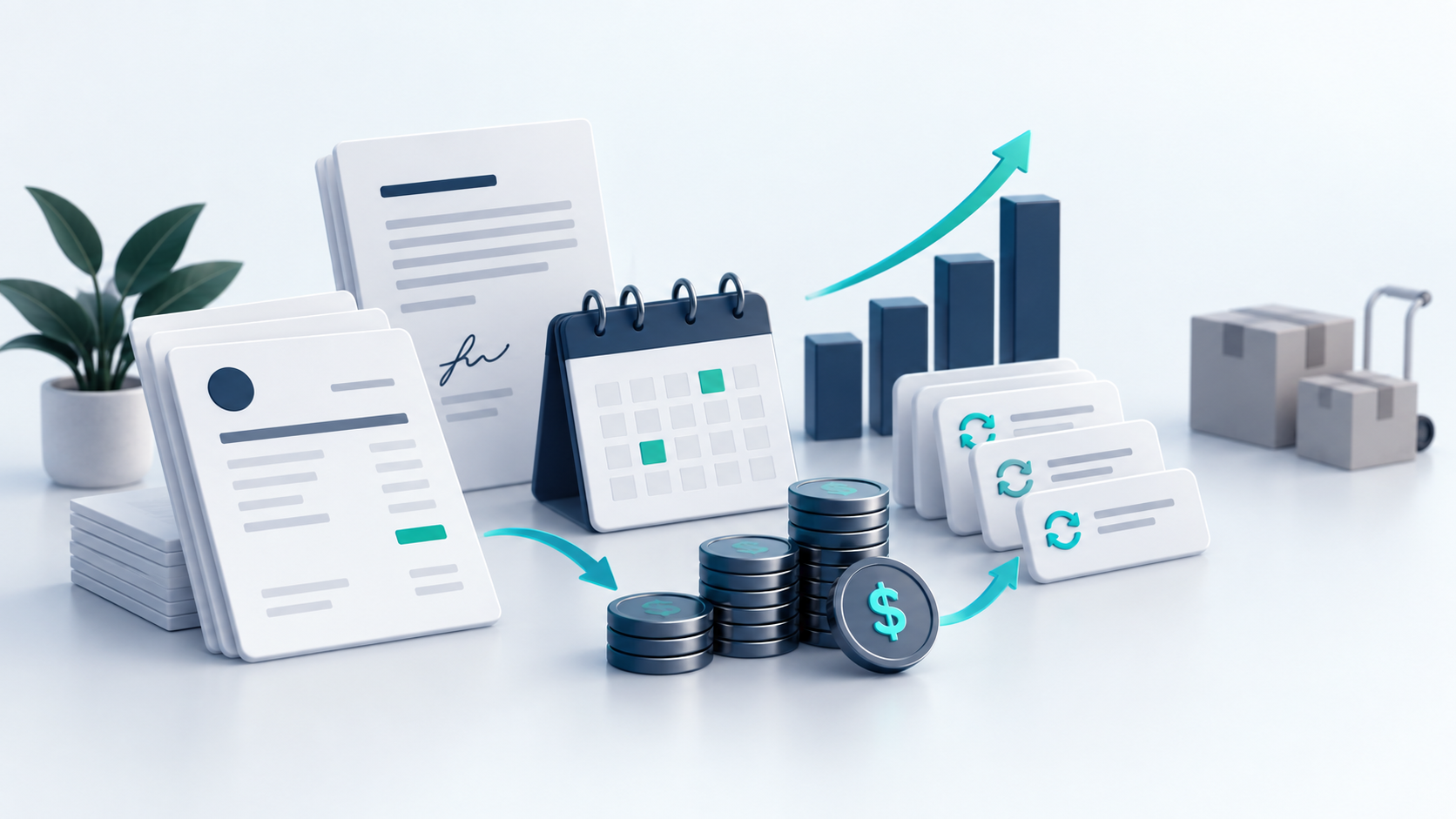 Business funding for service companies illustrated with contracts, recurring payments, scheduling, cash flow, and business growth.