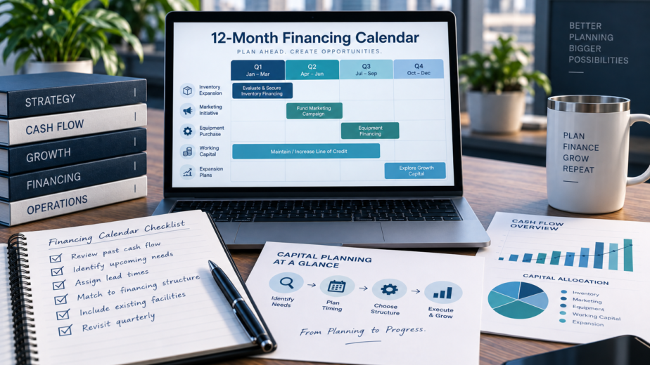 12-month business financing calendar showing quarterly funding needs, inventory planning, marketing investment, equipment purchases, working capital, and growth opportunities.