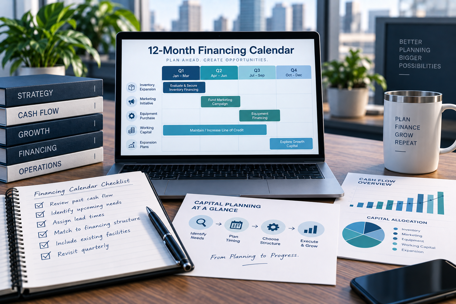12-month business financing calendar showing quarterly funding needs, inventory planning, marketing investment, equipment purchases, working capital, and growth opportunities.