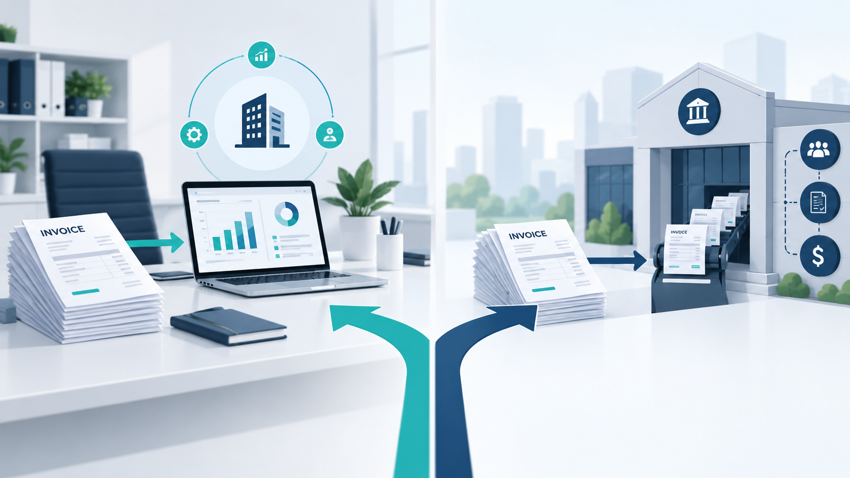 Factoring versus invoice financing comparison showing two funding paths using unpaid invoices, business control, and third-party collection management.