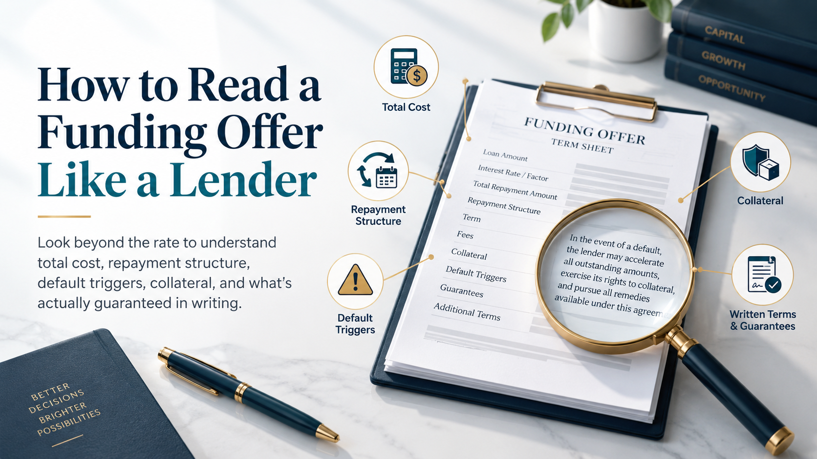 How to read a business funding offer by reviewing total cost, repayment structure, collateral, default triggers and written terms