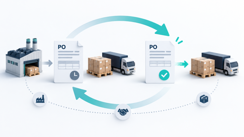 Recurring purchase order financing cycle showing supplier production, purchase orders, shipment, repeat orders, and a streamlined approval process.
