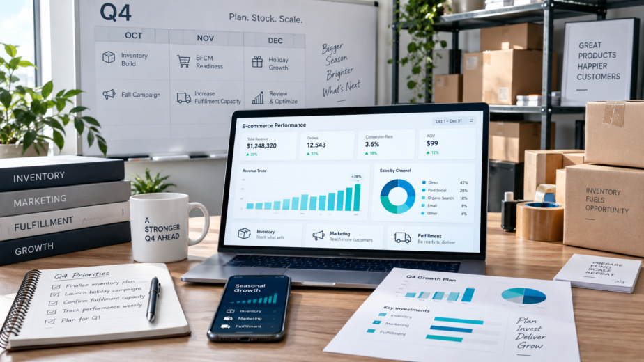 Revenue-based financing for e-commerce brands preparing for Q4 with inventory planning, marketing campaigns, fulfillment, sales growth, and performance metrics.