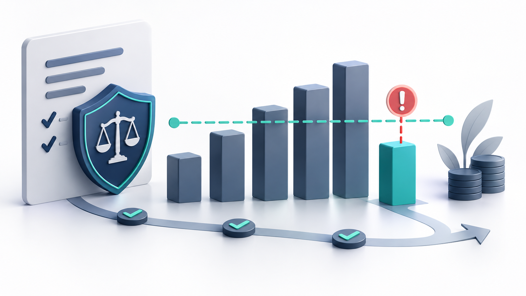 Venture debt covenant monitoring illustrated with financial performance bars, compliance checkpoints, and a warning signal for a potential covenant breach.