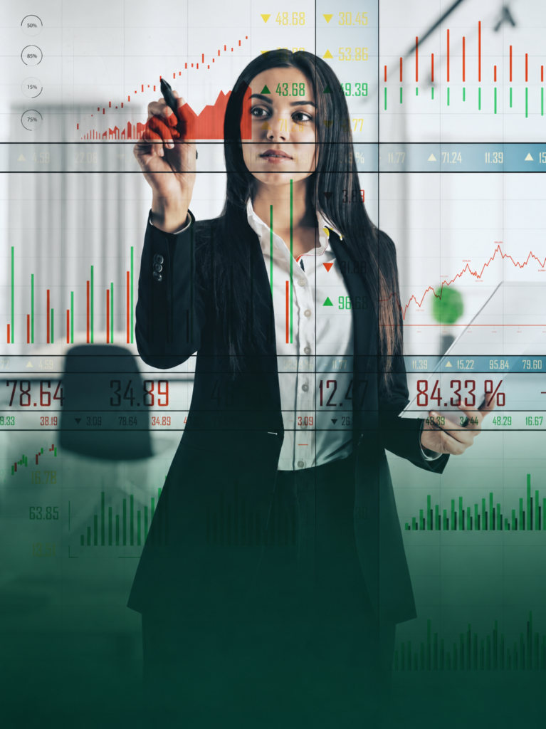 Businesswoman analyzing financial charts, revenue trends, and performance metrics on a digital display, representing financial planning and business growth.