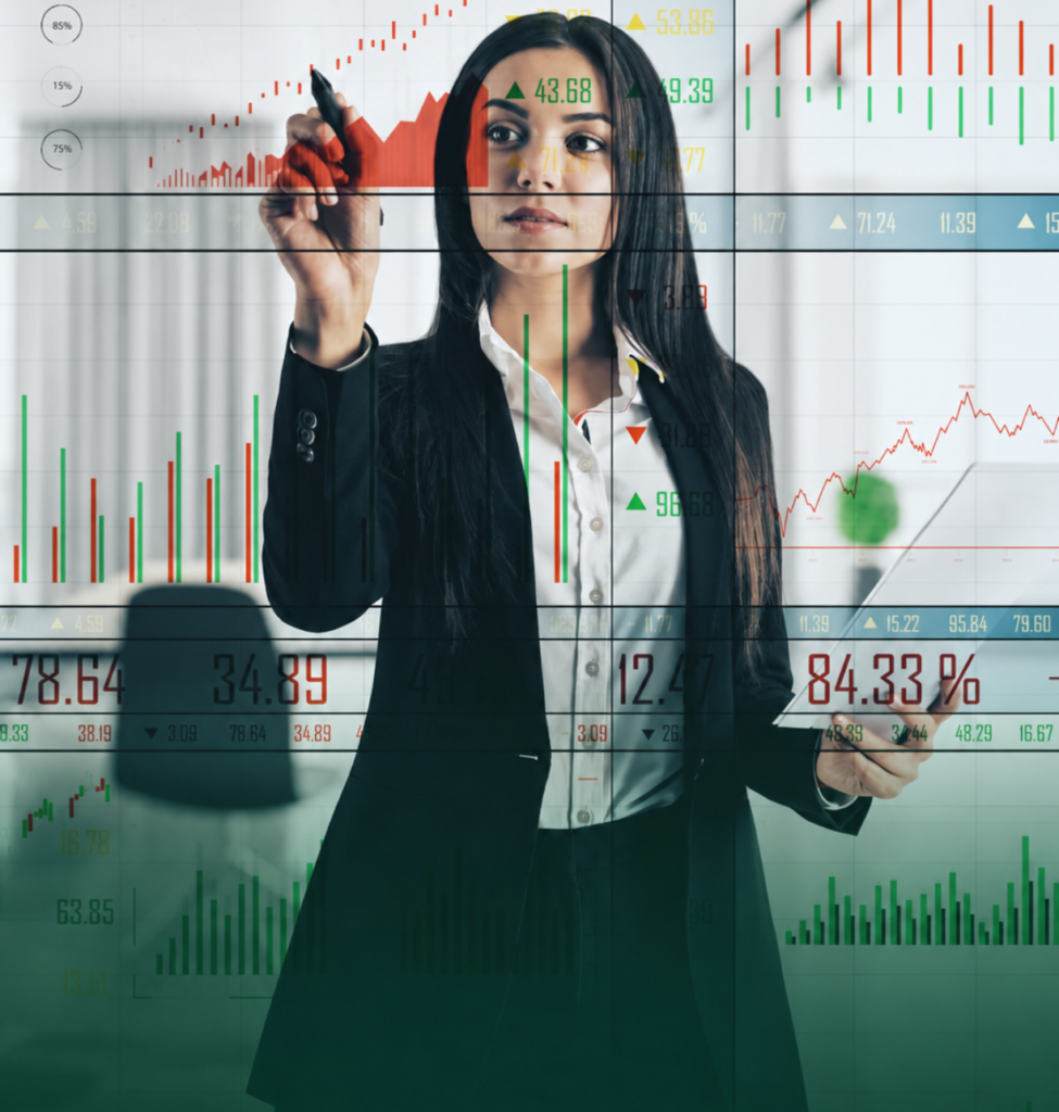 Businesswoman analyzing financial charts, revenue trends, and performance metrics on a digital display, representing financial planning and business growth.