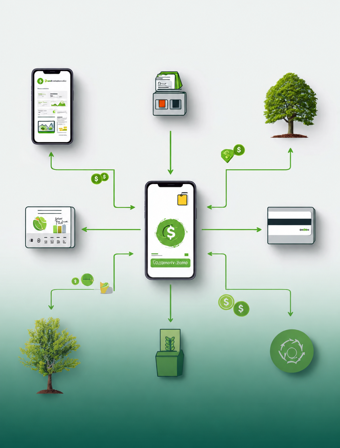 Digital financial ecosystem illustration featuring smartphones, payment cards, financial dashboards, and green arrows connecting business funding and growth opportunities.