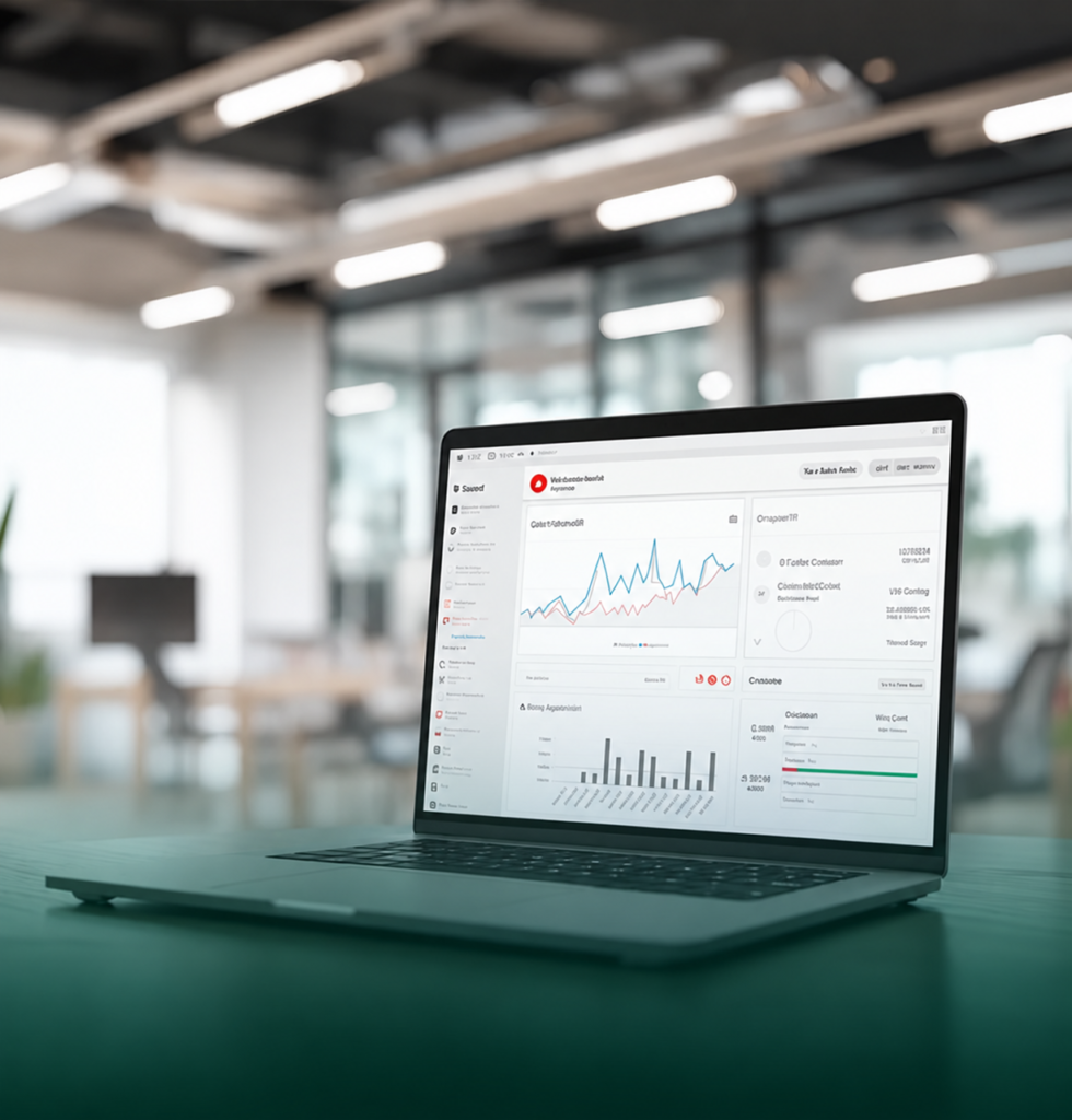 Laptop displaying financial analytics, revenue charts, and business performance metrics in a modern office, representing business financing and working capital management.