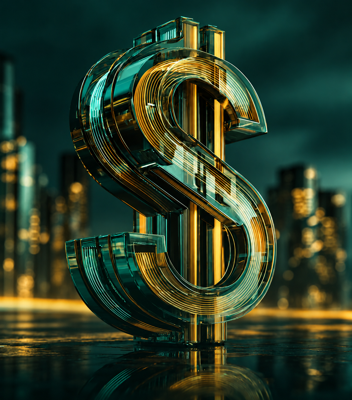 3D metallic dollar sign with dark green and golden reflections against a financial city skyline, representing business funding and access to capital.