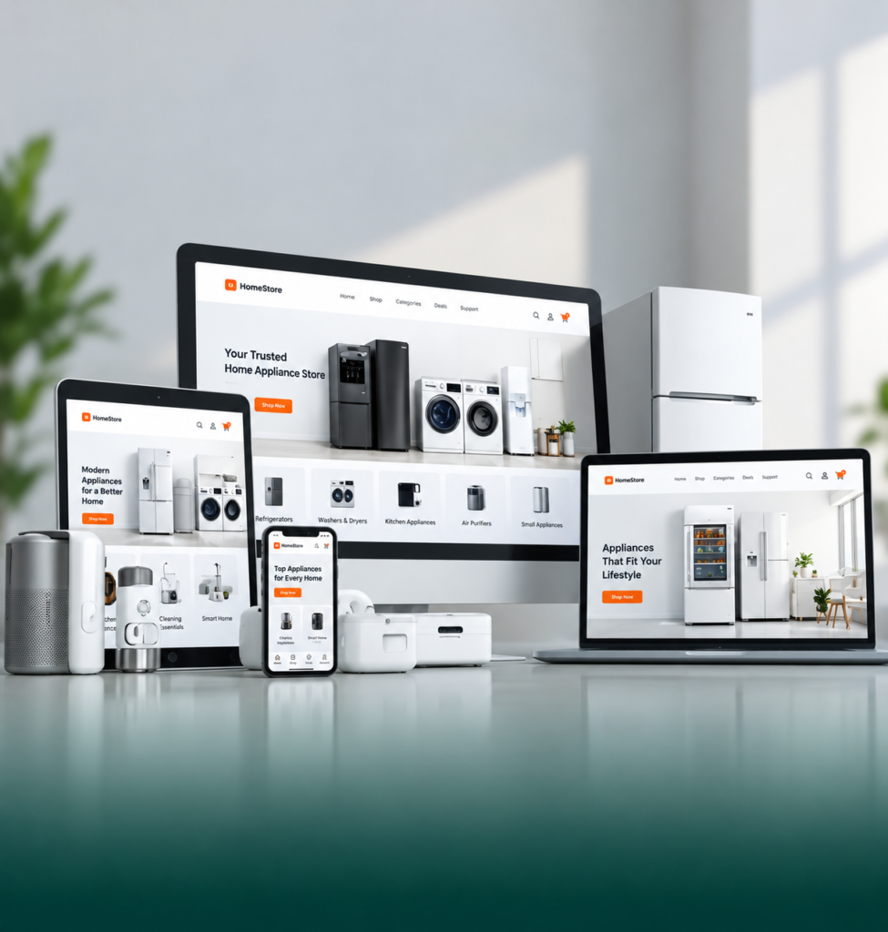 Ecommerce website displayed across a desktop monitor, laptop, tablet, and smartphone, showcasing home appliances and multichannel online retail operations.