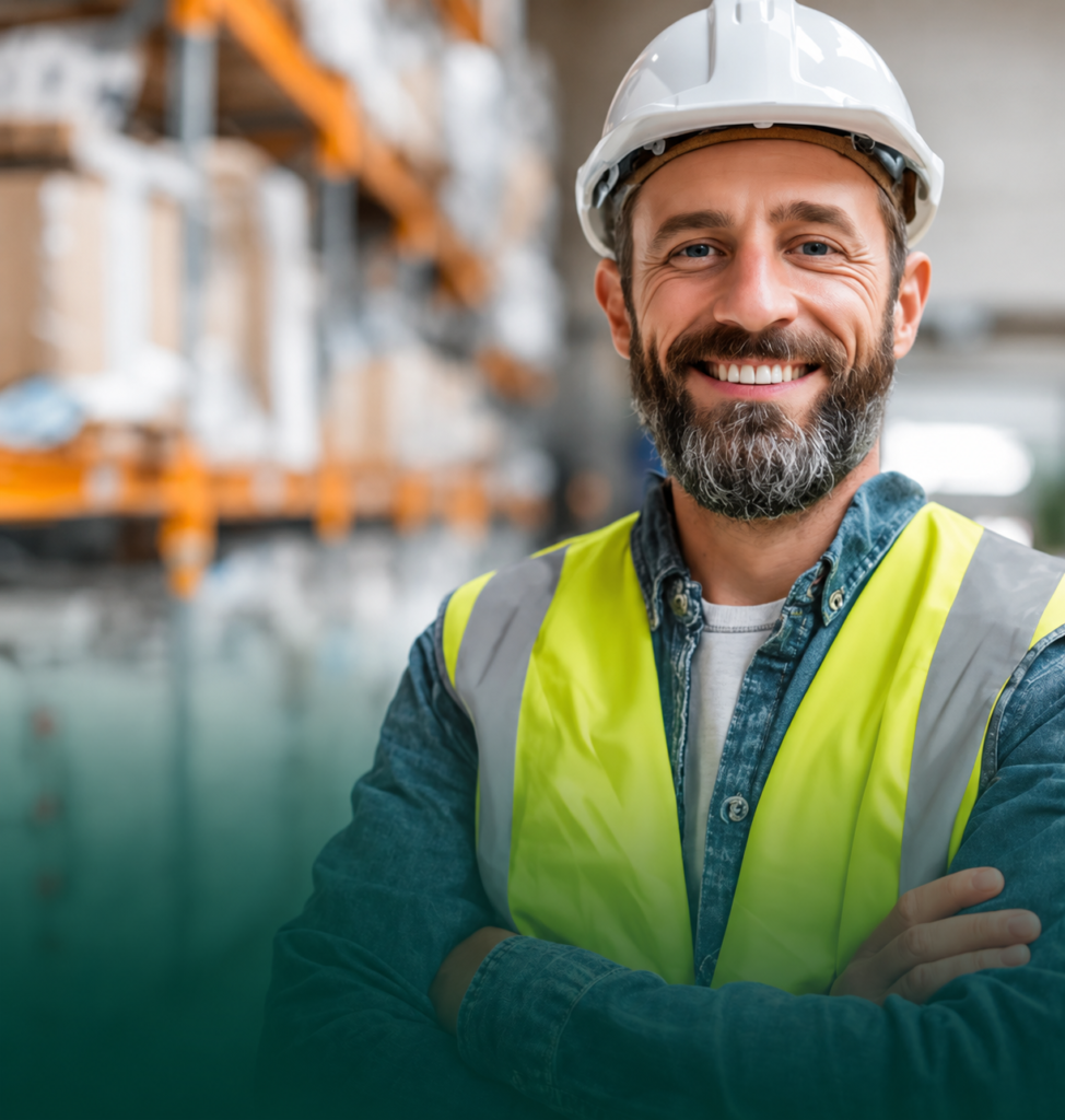 Smiling warehouse manager wearing a white hard hat and safety vest, representing inventory financing, warehouse operations, and business growth.